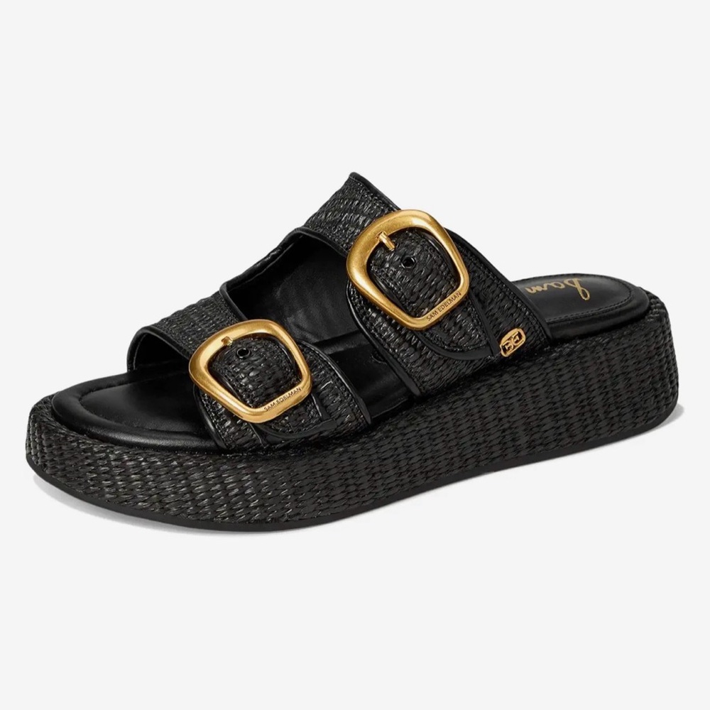 NWT Sam Edelman Black Nerissa Woven Platform Slide with Gold Buckles